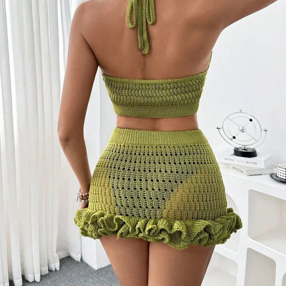 Green Women's Halter Crop Top And Ruffle Hem Mini Skirt Beach Cover Up Set